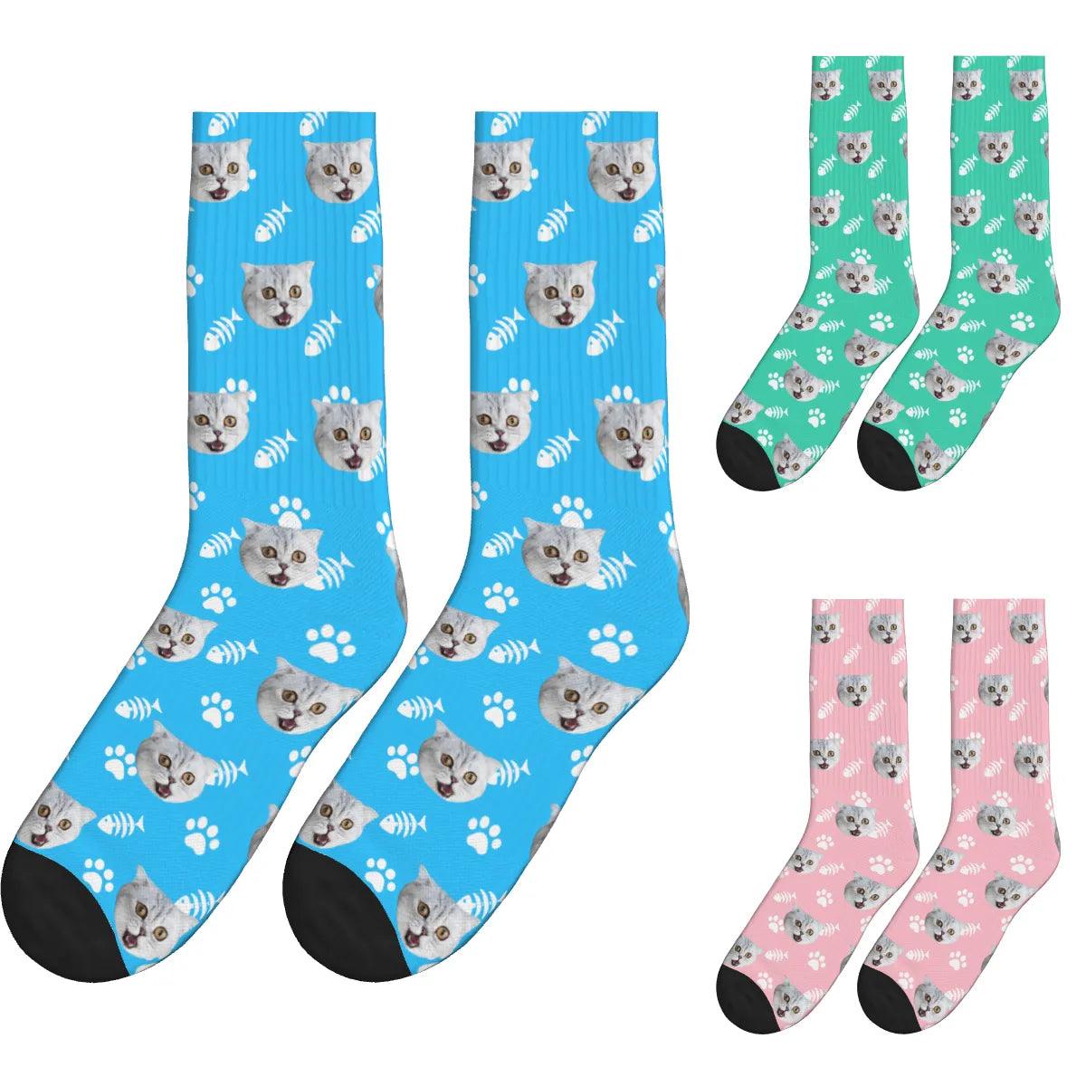 Cat Face, Fishbone, and Paw Print Socks - Blue, Green & Pink / Crew Socks