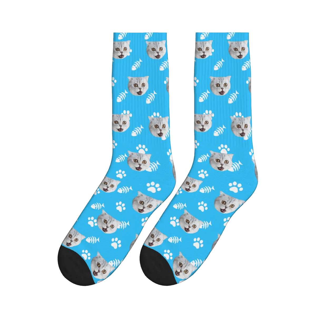 Cat Face, Fishbone, and Paw Print Socks - Blue / Crew Socks