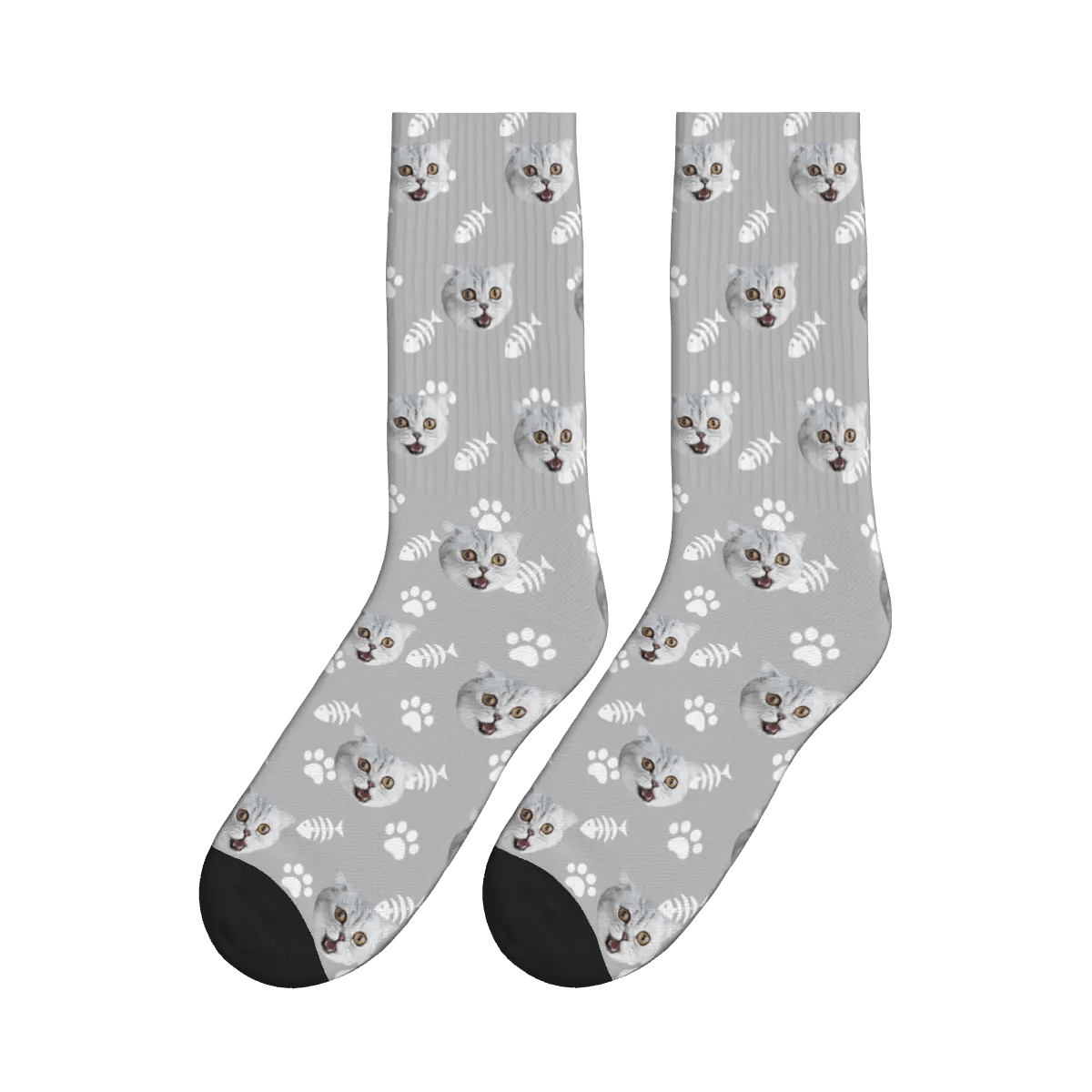 Cat Face, Fishbone, and Paw Print Socks - Gray / Crew Socks