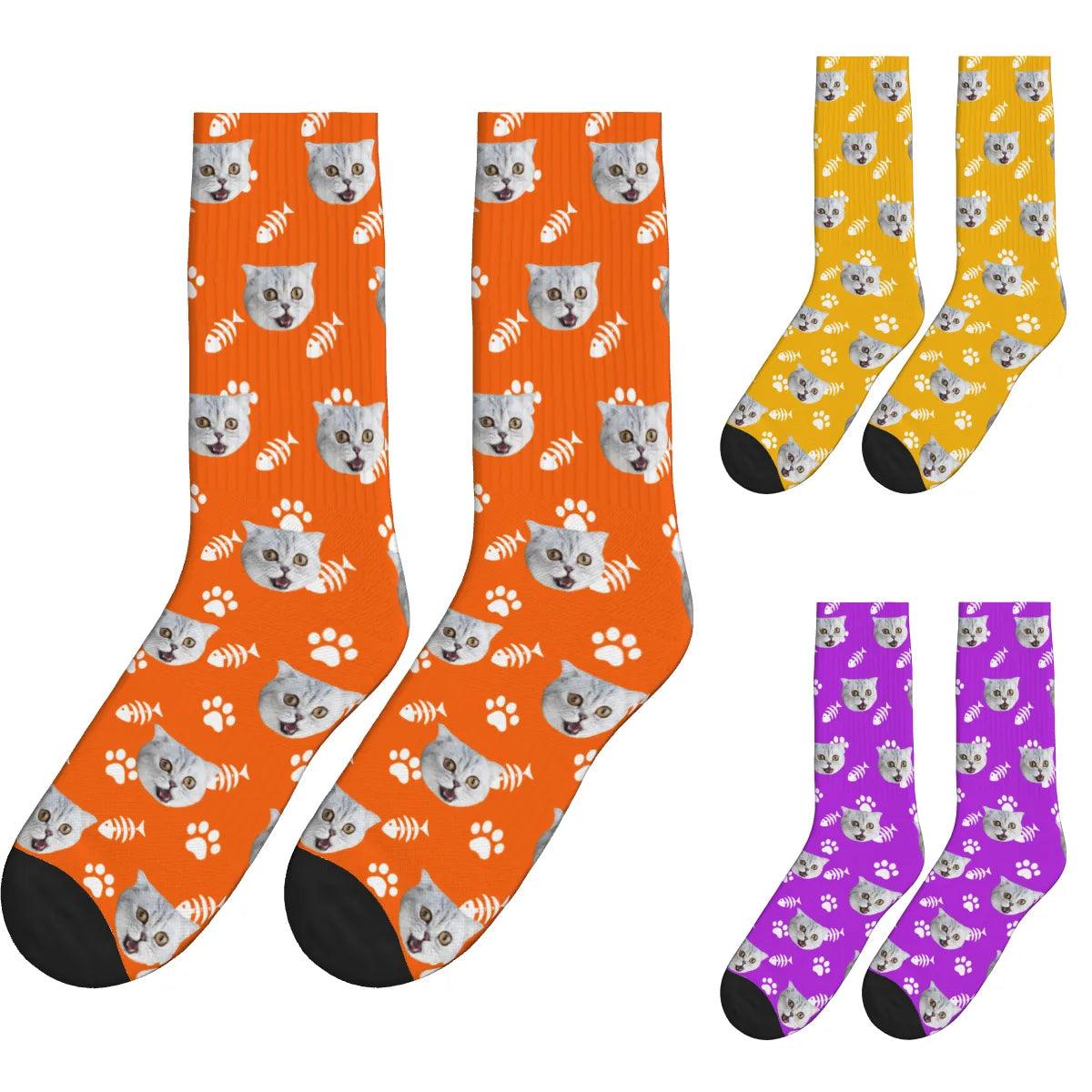 Cat Face, Fishbone, and Paw Print Socks - Orange, Yellow & Purple / Crew Socks