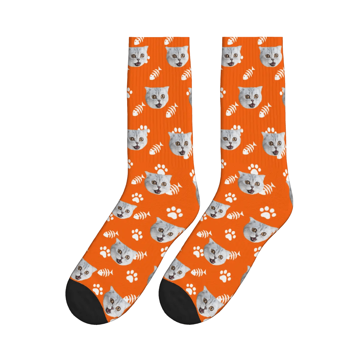 Cat Face, Fishbone, and Paw Print Socks - Orange / Crew Socks