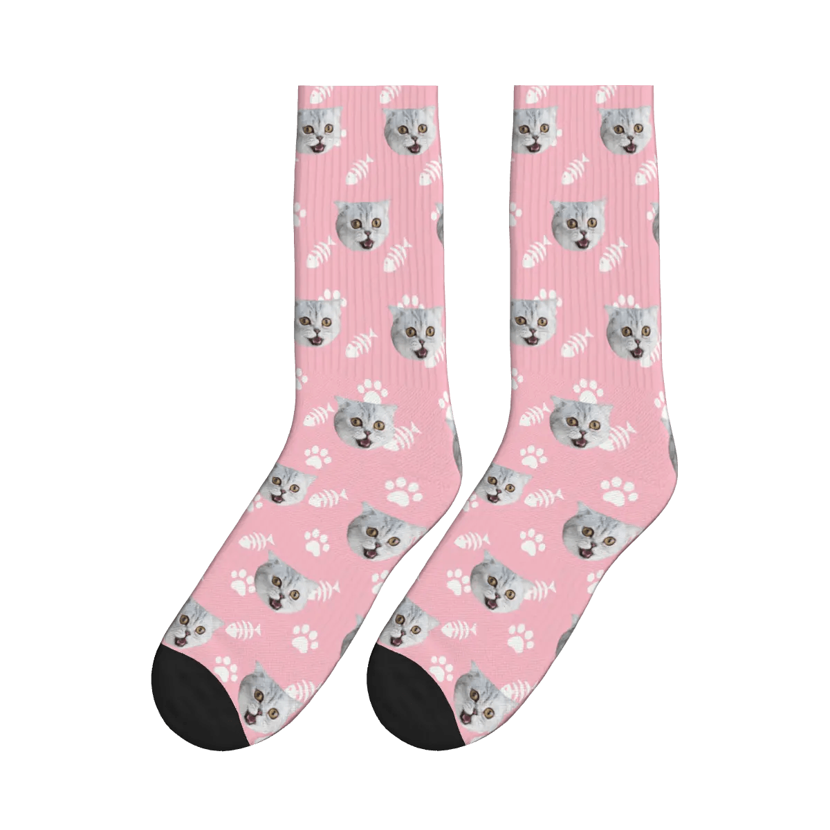 Cat Face, Fishbone, and Paw Print Socks - Pink / Crew Socks