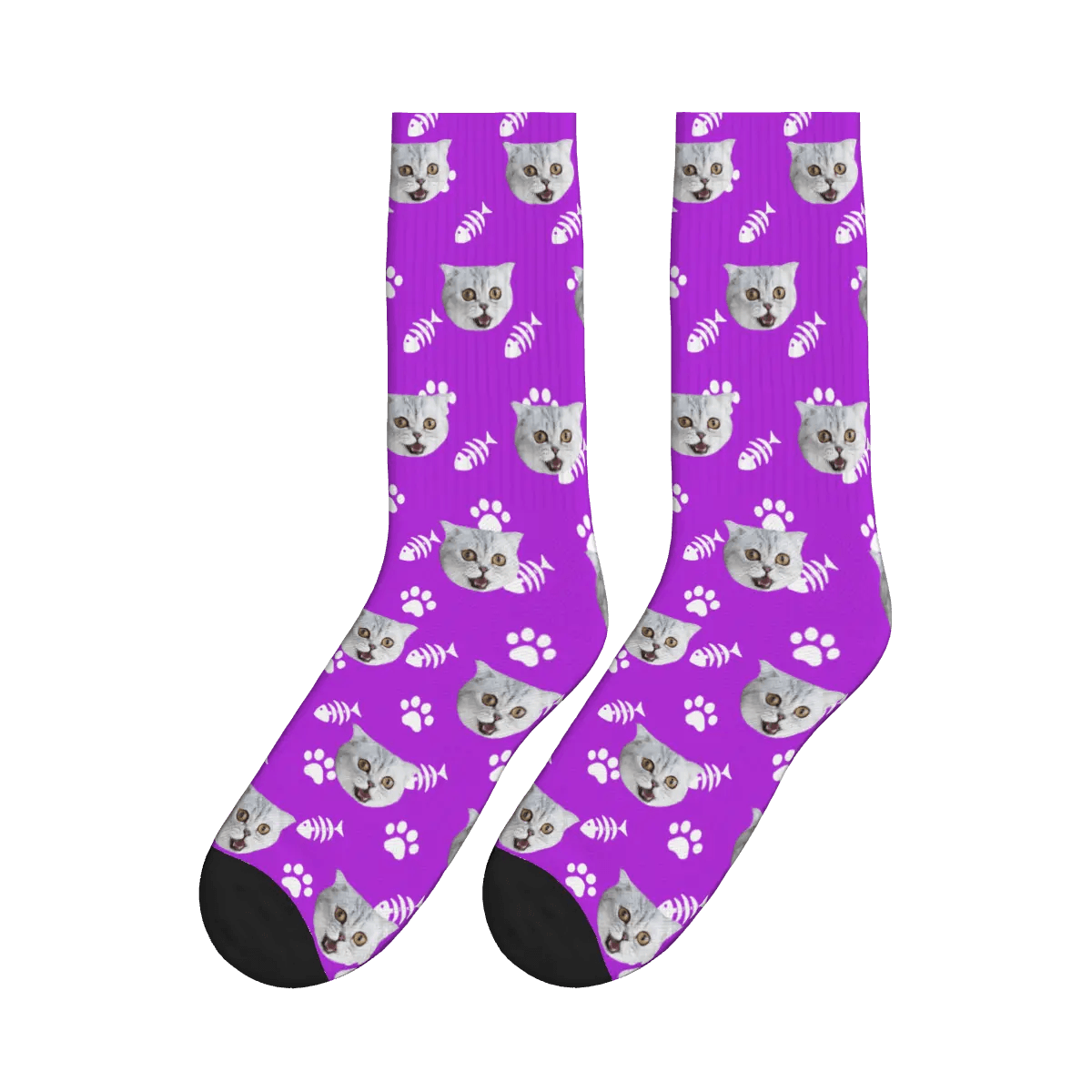 Cat Face, Fishbone, and Paw Print Socks - Purple / Crew Socks