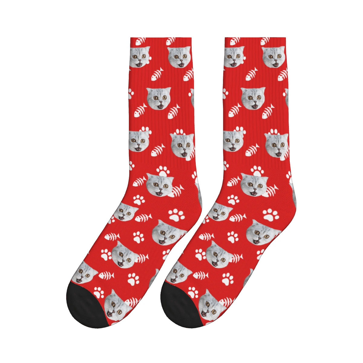 Cat Face, Fishbone, and Paw Print Socks - Red / Crew Socks