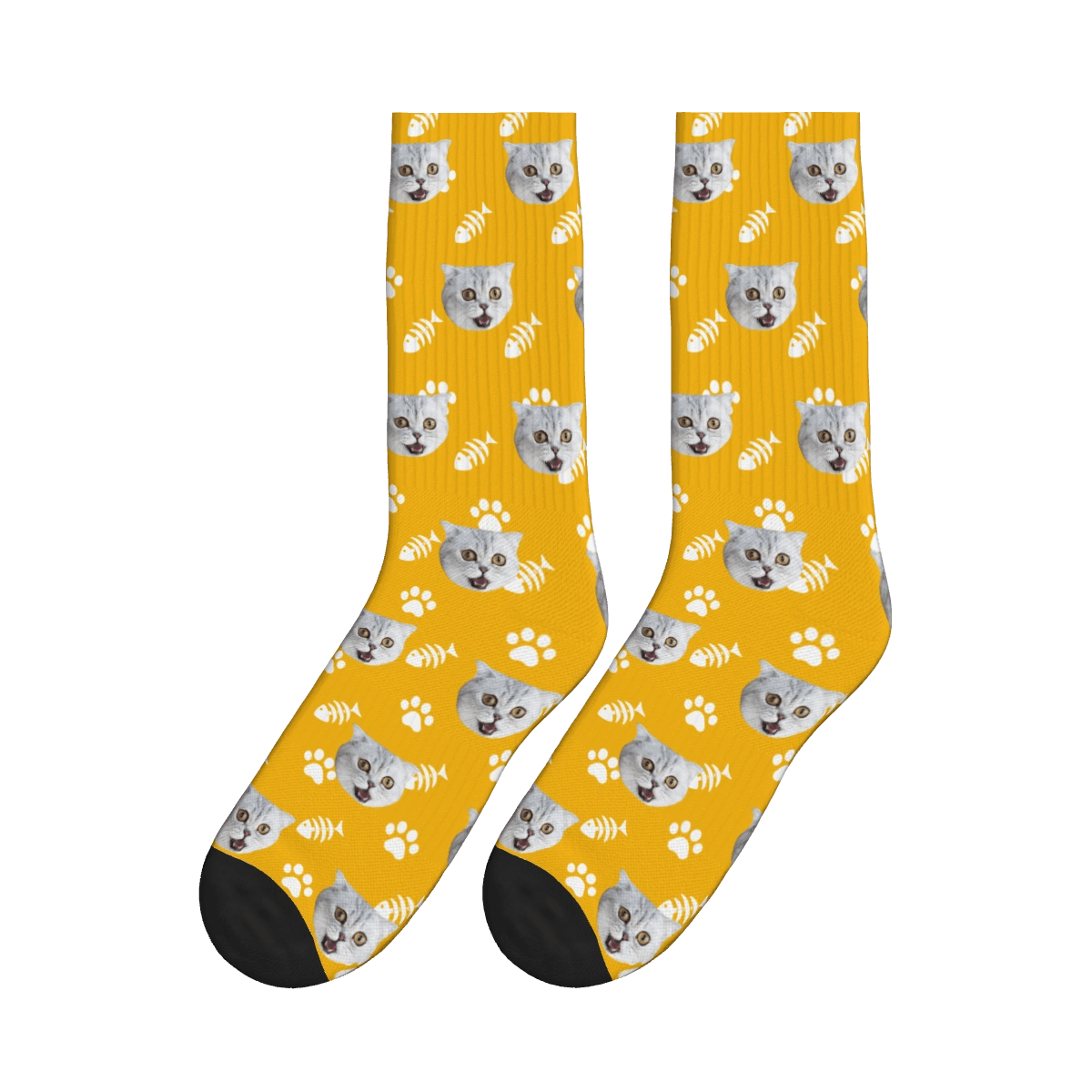 Cat Face, Fishbone, and Paw Print Socks - Yellow / Crew Socks