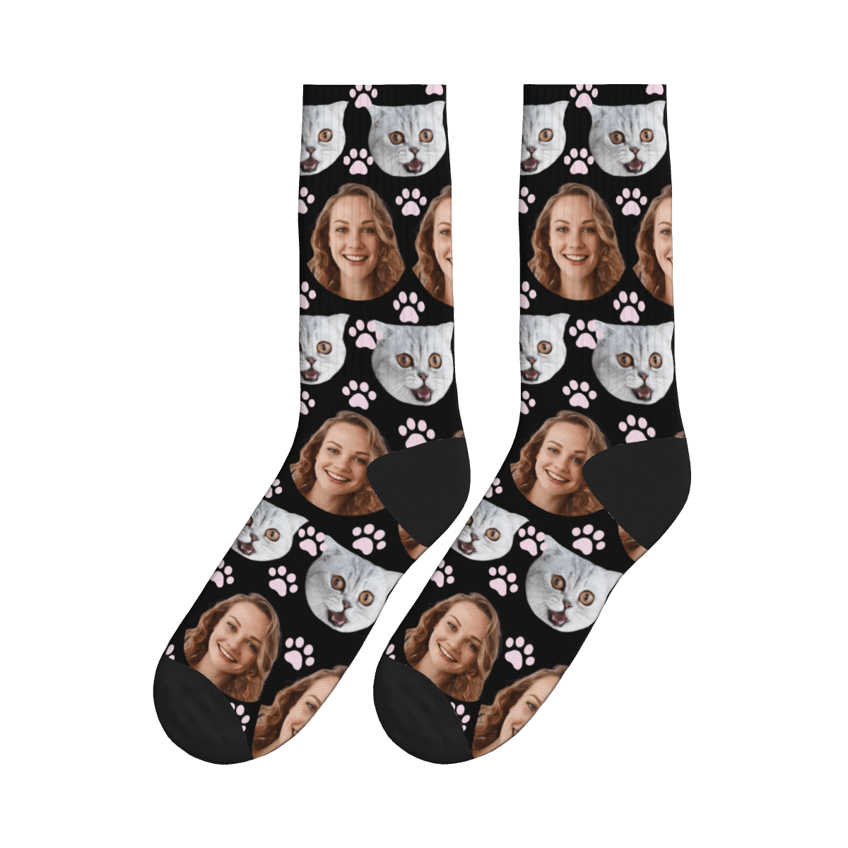 Paws, Cat & A Lady's Face Socks - Black / Crew Socks