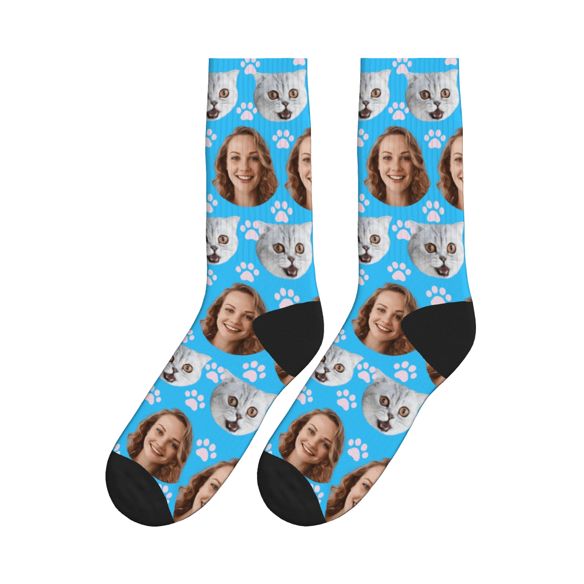 Paws, Cat & A Lady's Face Socks - Blue / Crew Socks