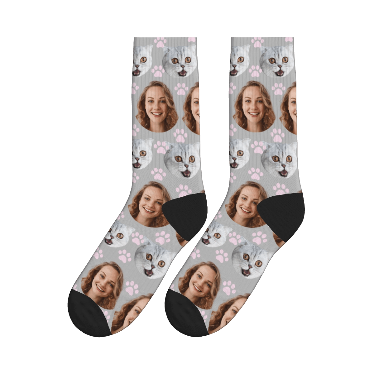 Paws, Cat & A Lady's Face Socks - Gray / Crew Socks