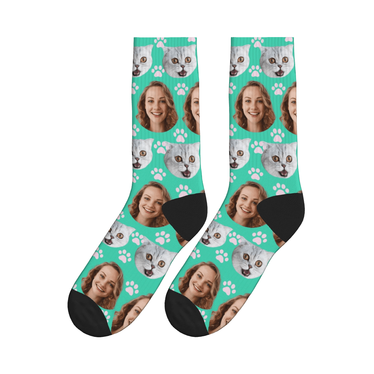 Paws, Cat & A Lady's Face Socks - Green / Crew Socks