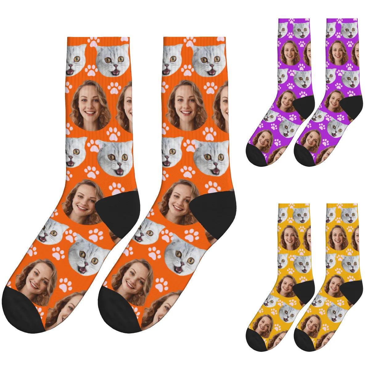 Paws, Cat & A Lady's Face Socks - Orange, Yellow & Purple / Crew Socks