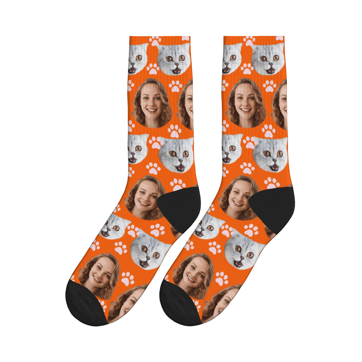 Paws, Cat & A Lady's Face Socks - Orange / Crew Socks