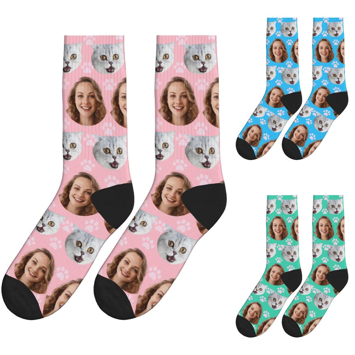 Paws, Cat & A Lady's Face Socks - Blue, Green & Pink / Crew Socks