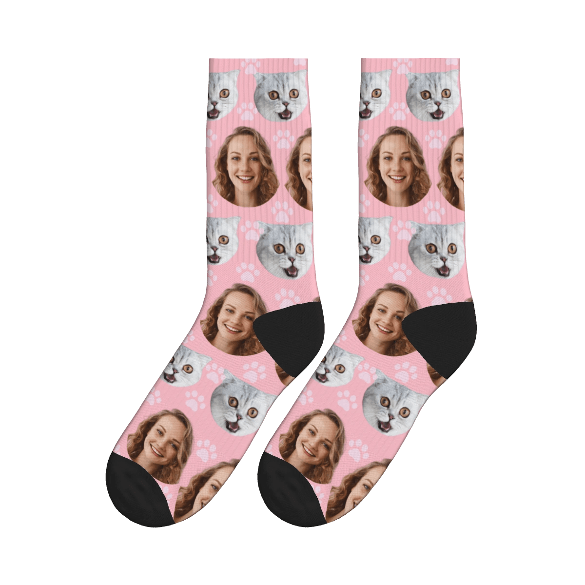 Paws, Cat & A Lady's Face Socks - Pink / Crew Socks