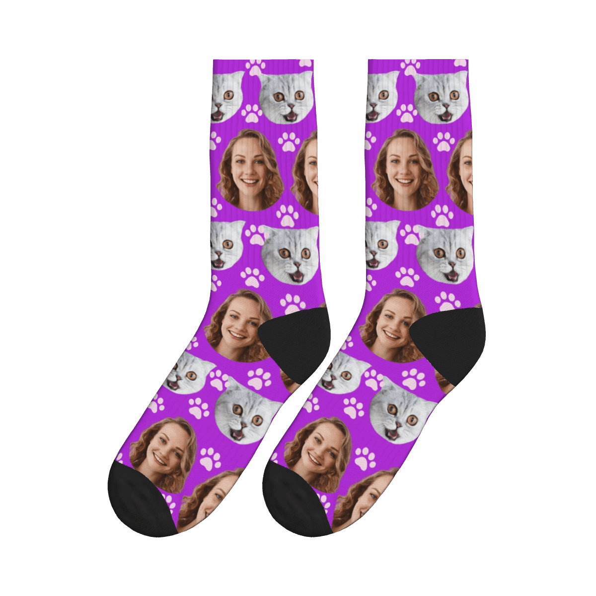 Paws, Cat & A Lady's Face Socks - Purple / Crew Socks