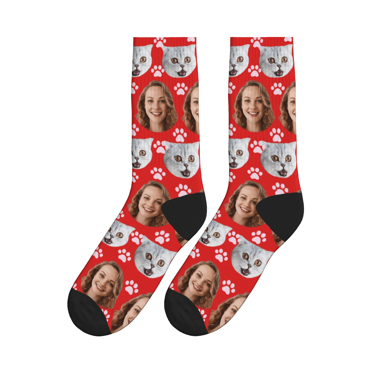 Paws, Cat & A Lady's Face Socks - Red / Crew Socks