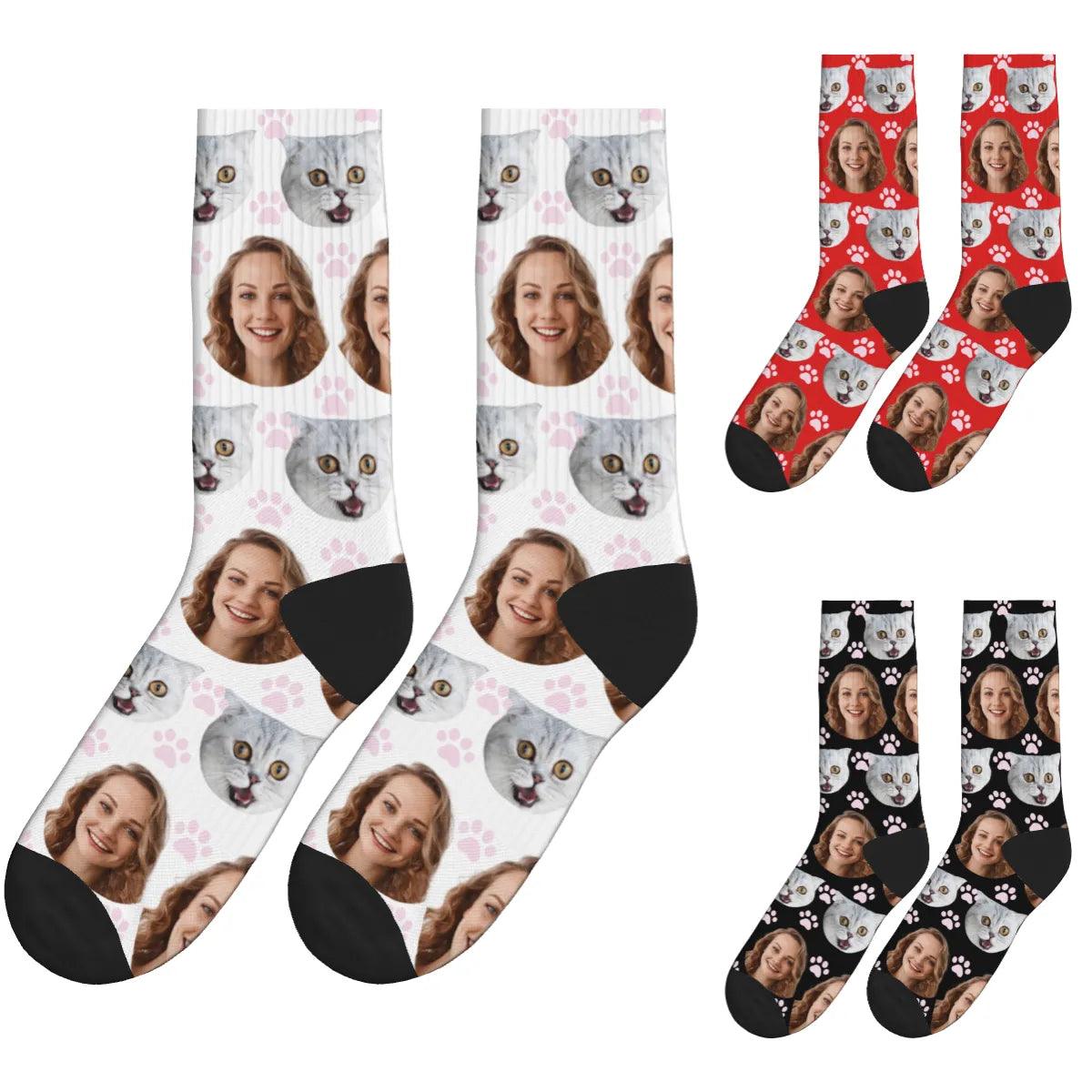 Paws, Cat & A Lady's Face Socks - Black, White & Red / Crew Socks