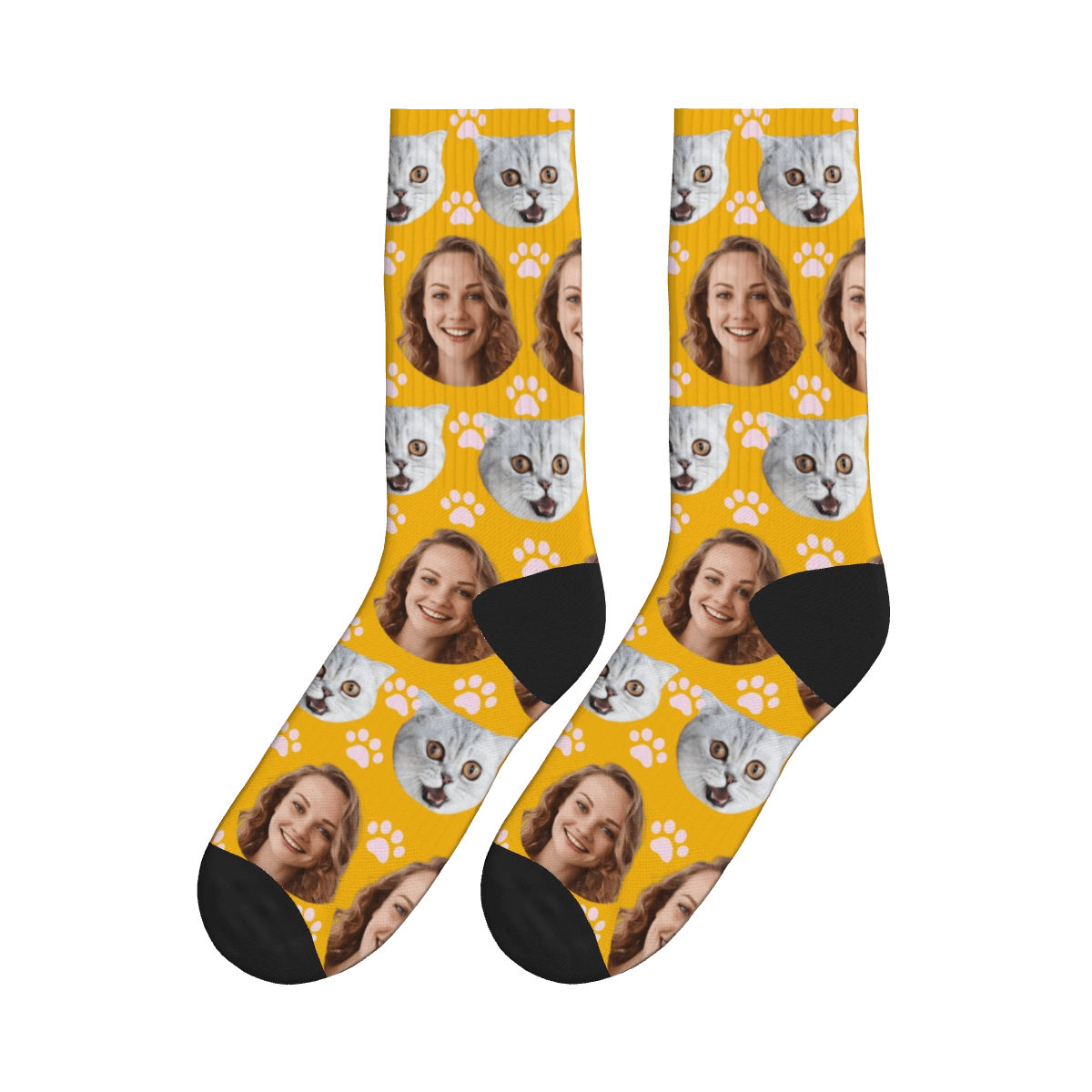 Paws, Cat & A Lady's Face Socks - Yellow / Crew Socks