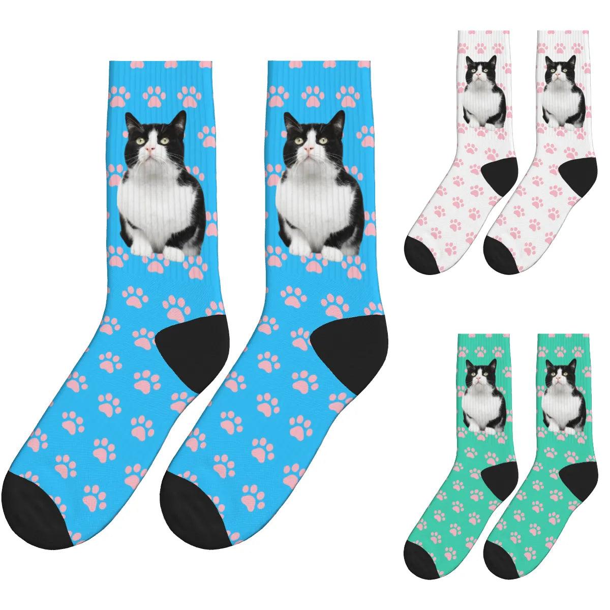 Pink Paw Cat Full Body Socks - Blue, White & Green / Crew Socks