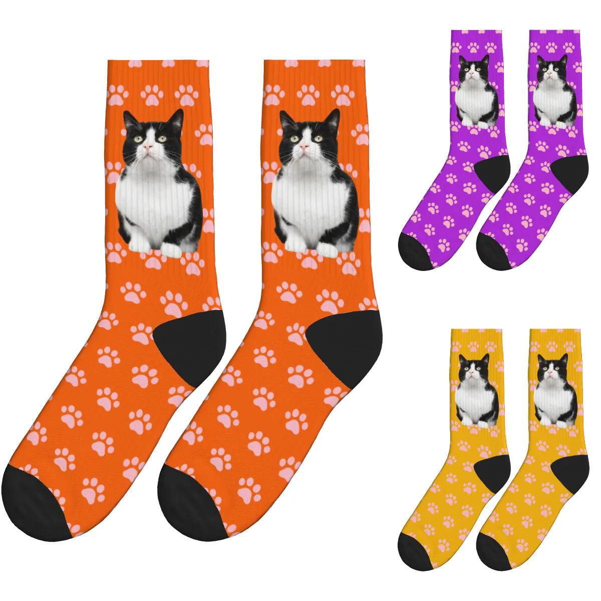 Pink Paw Cat Full Body Socks - Orange, Yellow & Purple / Crew Socks