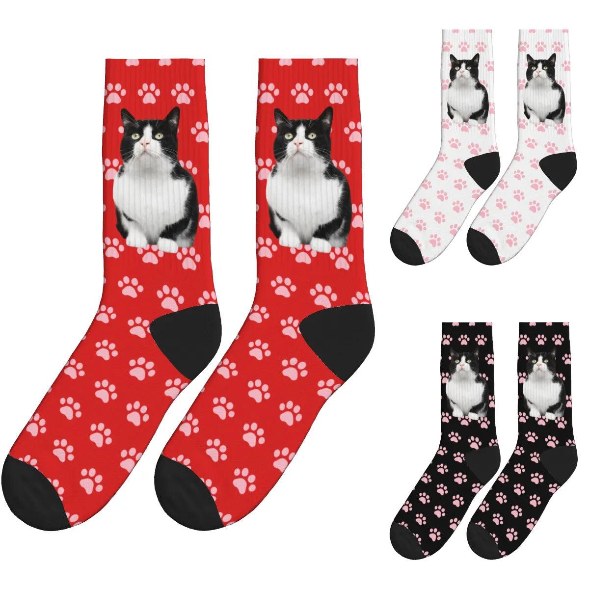 Pink Paw Cat Full Body Socks - Black, White & Red / Crew Socks