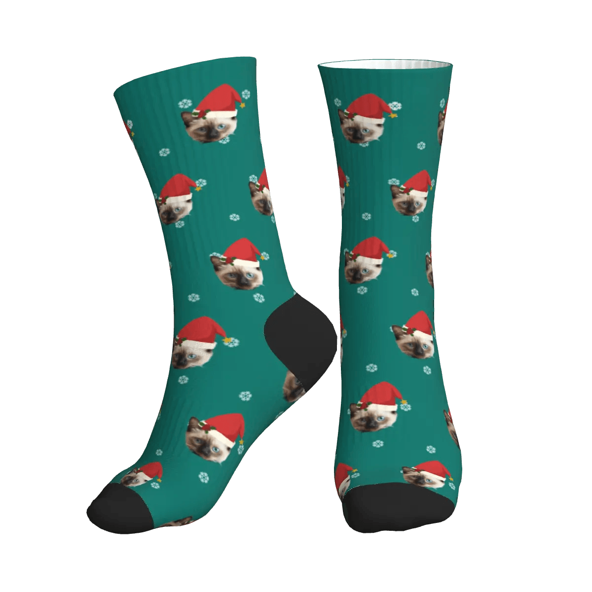 Snow Christmas Hat Cat Socks - Pine Green / Crew Socks