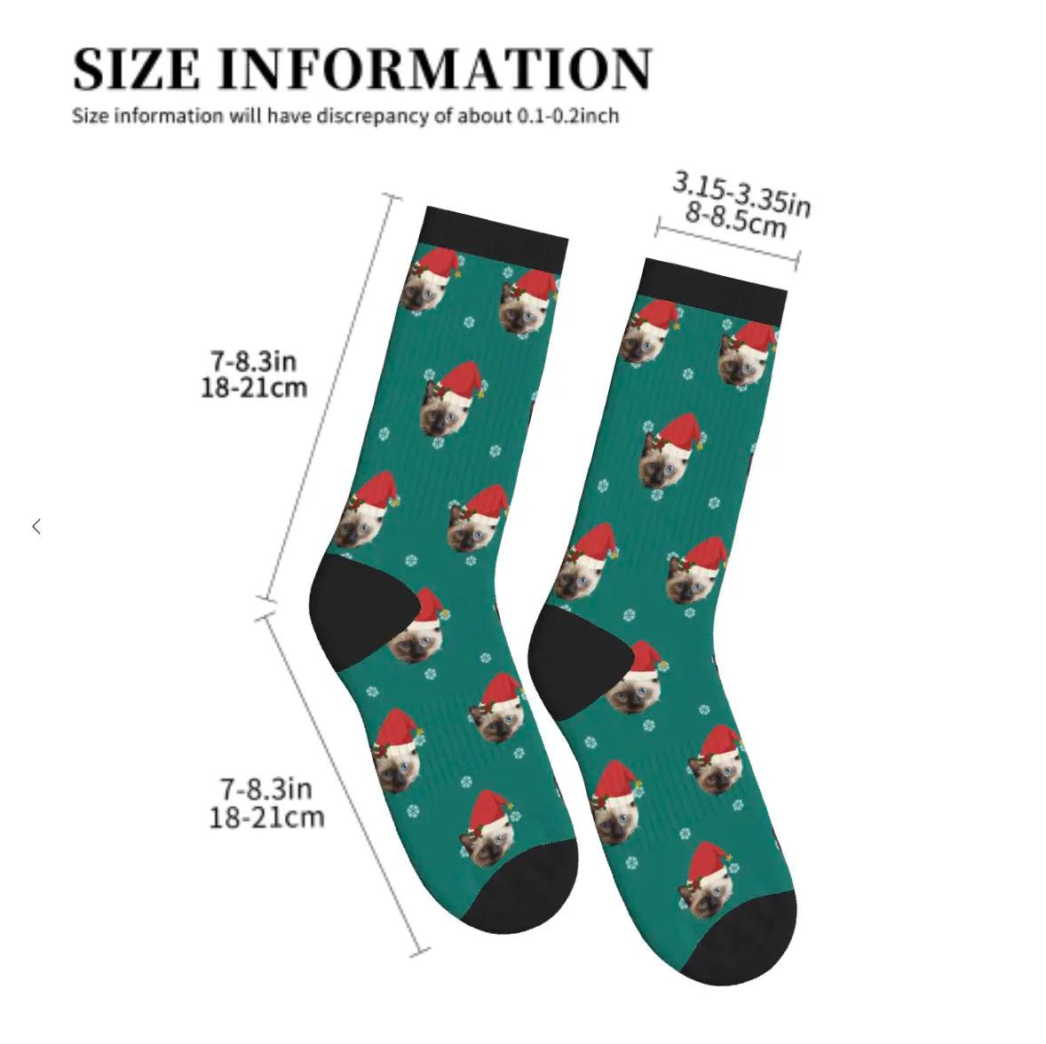 Snow Christmas Hat Cat Socks - Pine Green / Crew Socks