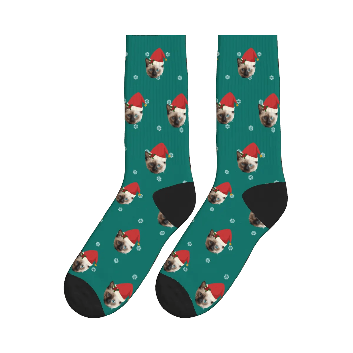 Snow Christmas Hat Cat Socks - Pine Green / Crew Socks