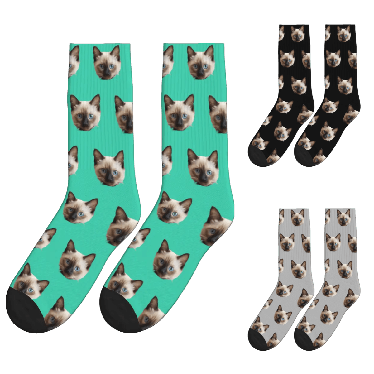 Solid Color Cat Face Print Socks - Green, Black & Gray / Crew Socks