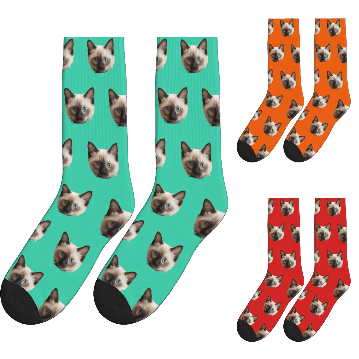 Solid Color Cat Face Print Socks - Green, Orange & Red / Crew Socks