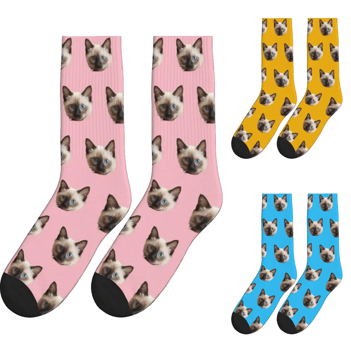 Solid Color Cat Face Print Socks - Pink, Yellow & Blue / Crew Socks