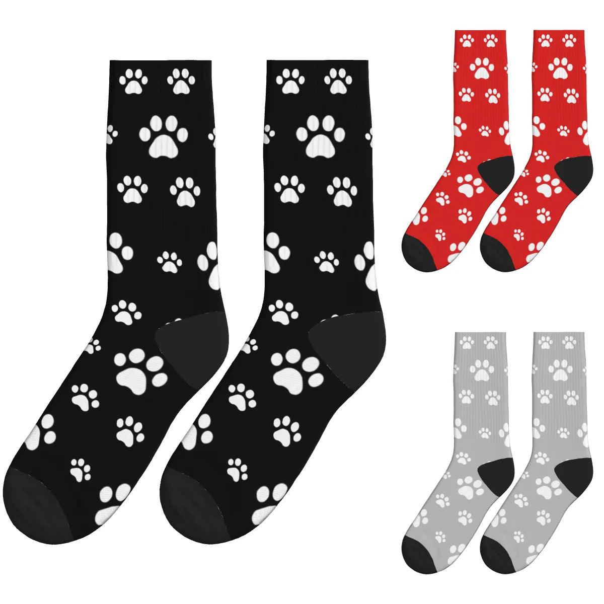 Small and Large White Paw Print Socks - Black, Gray & Red / Crew Socks