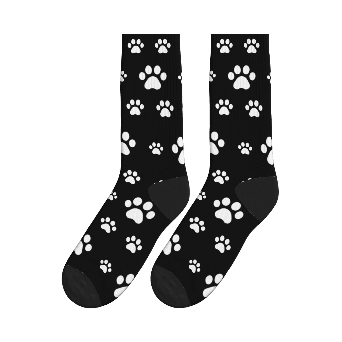 Small and Large White Paw Print Socks - Black / Crew Socks