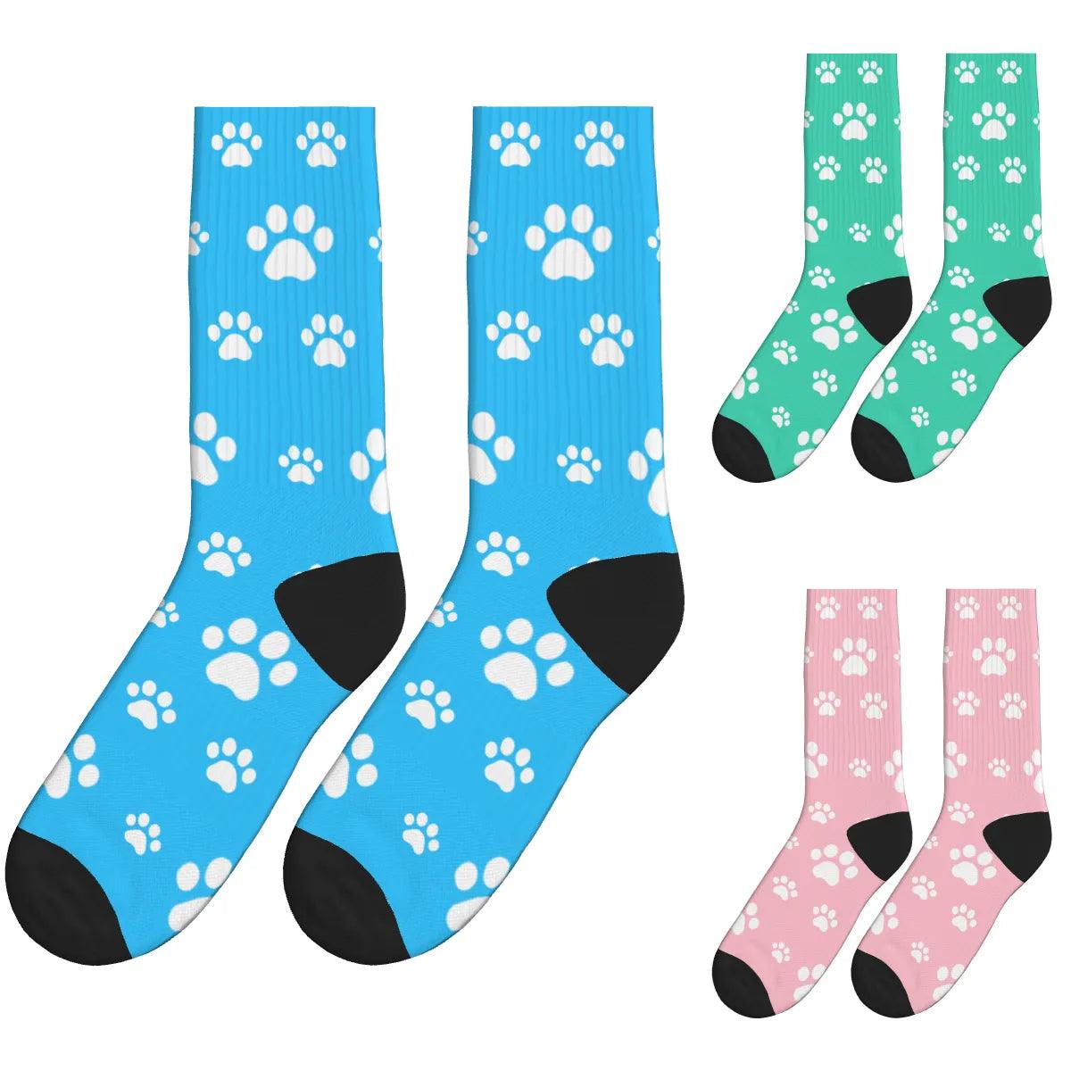 Small and Large White Paw Print Socks - Blue, Green & Pink / Crew Socks