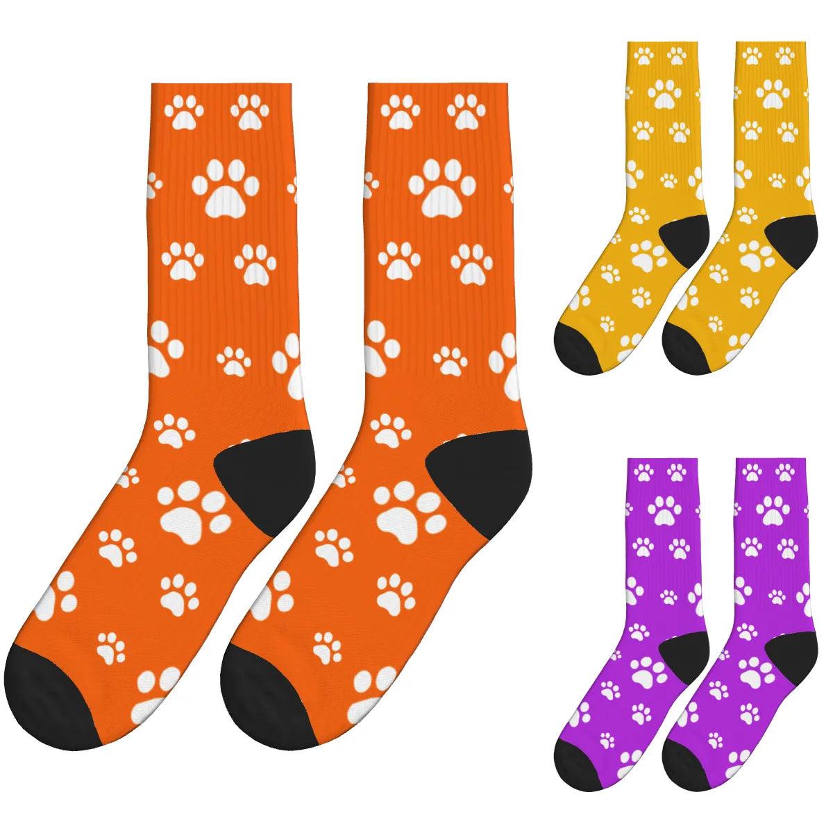 Small and Large White Paw Print Socks - Orange, Yellow & Purple / Crew Socks