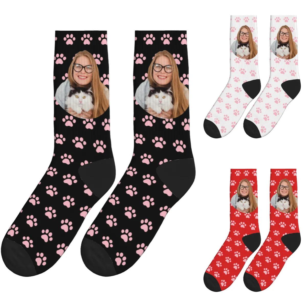 Cat Paws & A Lady Hugging Her Cat Socks - Black, White & Red / Crew Socks