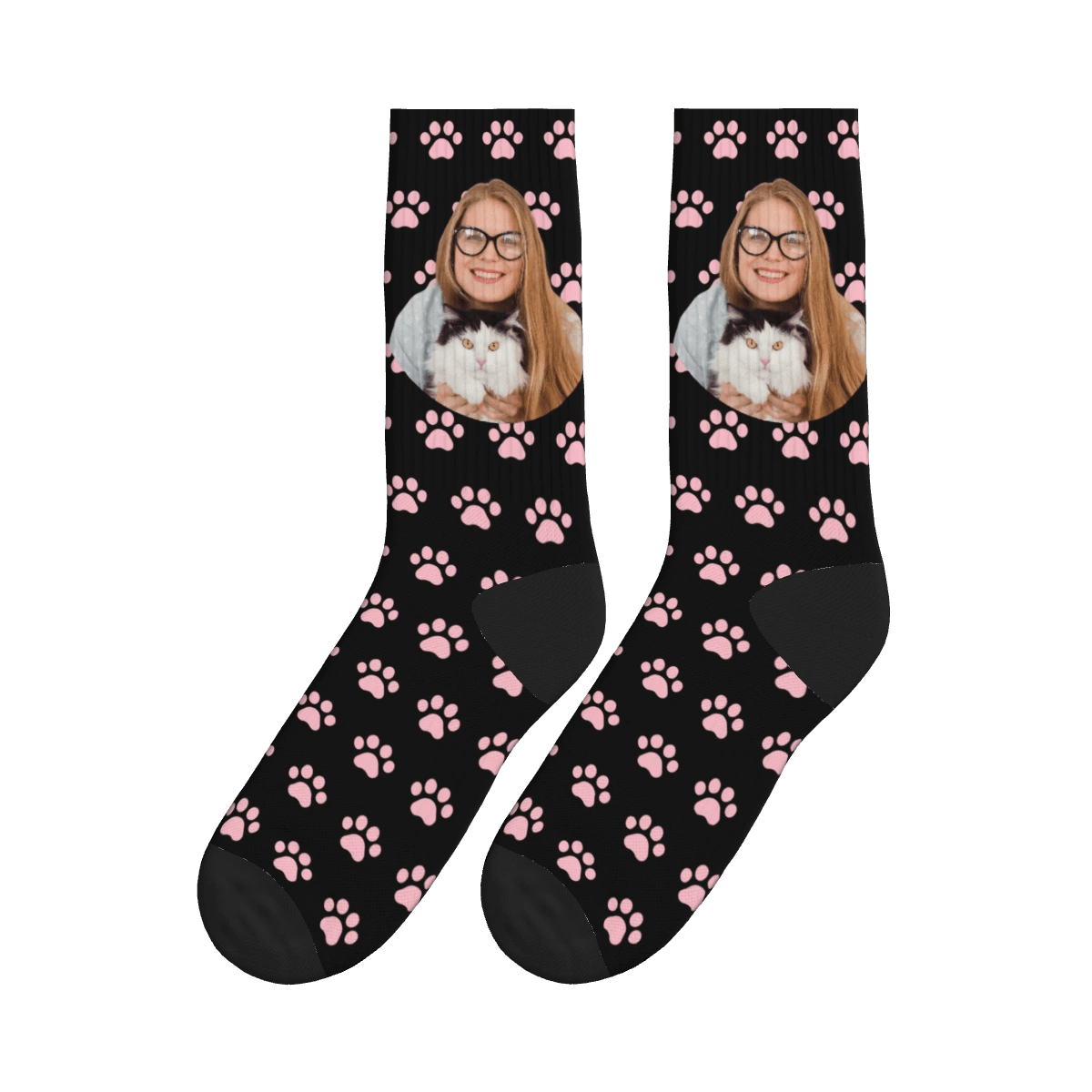 Cat Paws & A Lady Hugging Her Cat Socks - Black / Crew Socks