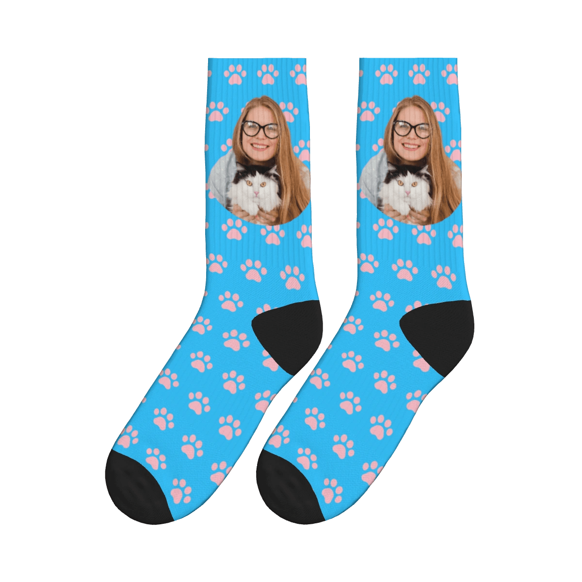 Cat Paws & A Lady Hugging Her Cat Socks - Blue / Crew Socks