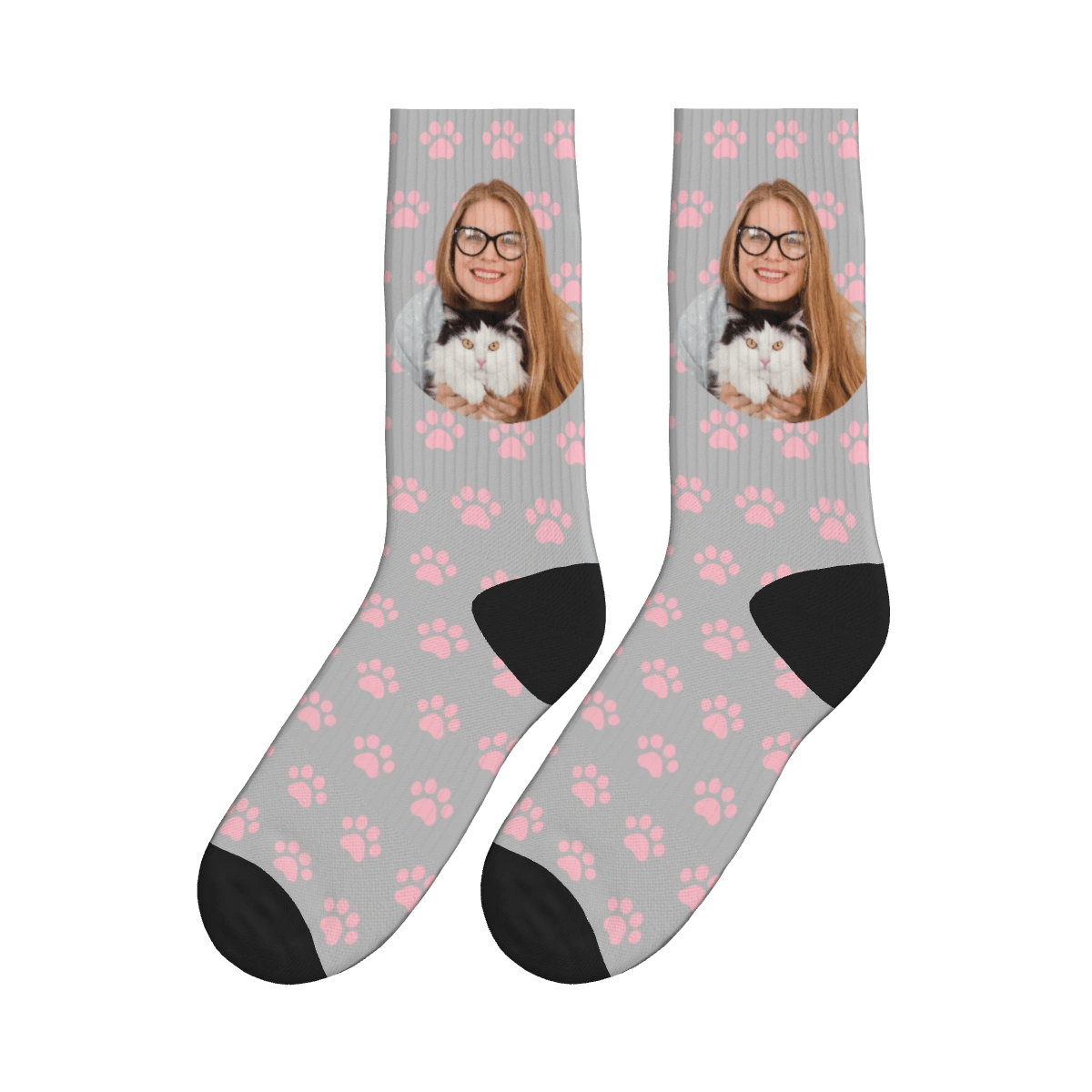 Cat Paws & A Lady Hugging Her Cat Socks - Gray / Crew Socks