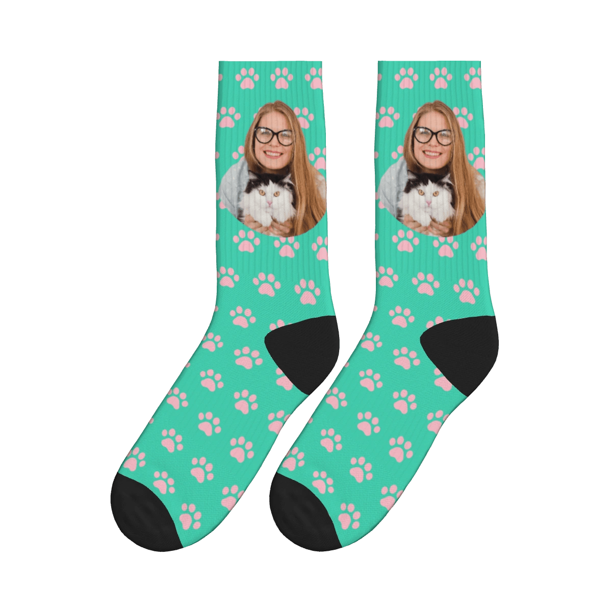 Cat Paws & A Lady Hugging Her Cat Socks - Green / Crew Socks