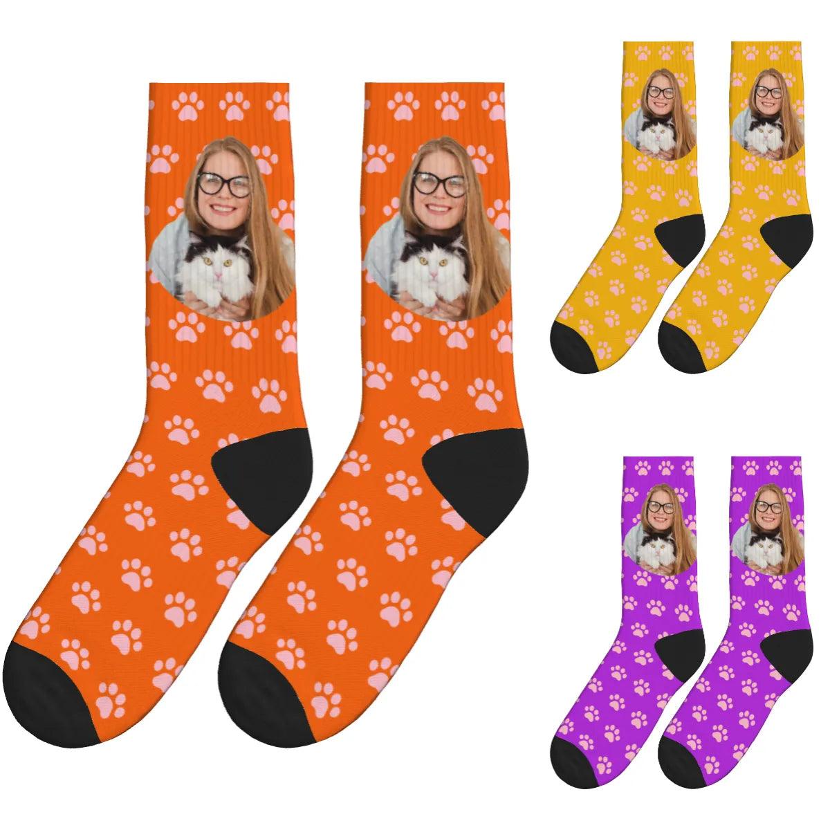 Cat Paws & A Lady Hugging Her Cat Socks - Orange, Yellow & Purple / Crew Socks