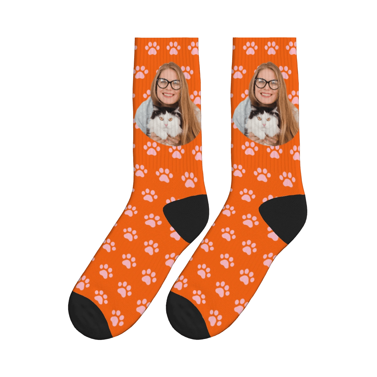 Cat Paws & A Lady Hugging Her Cat Socks - Orange / Crew Socks