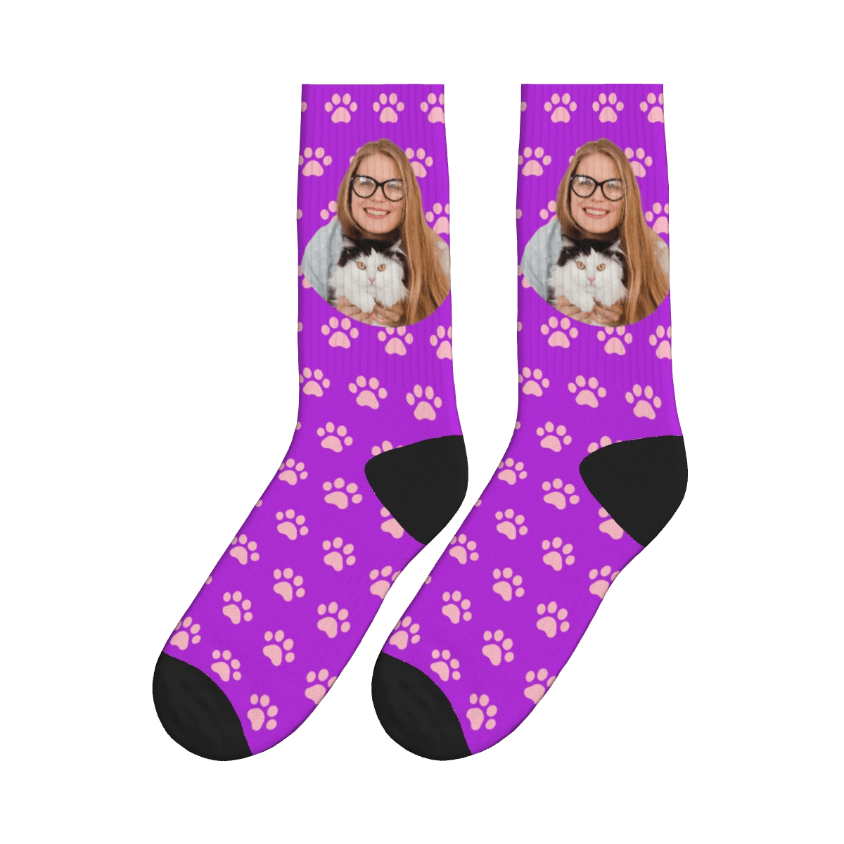 Cat Paws & A Lady Hugging Her Cat Socks - Purple / Crew Socks