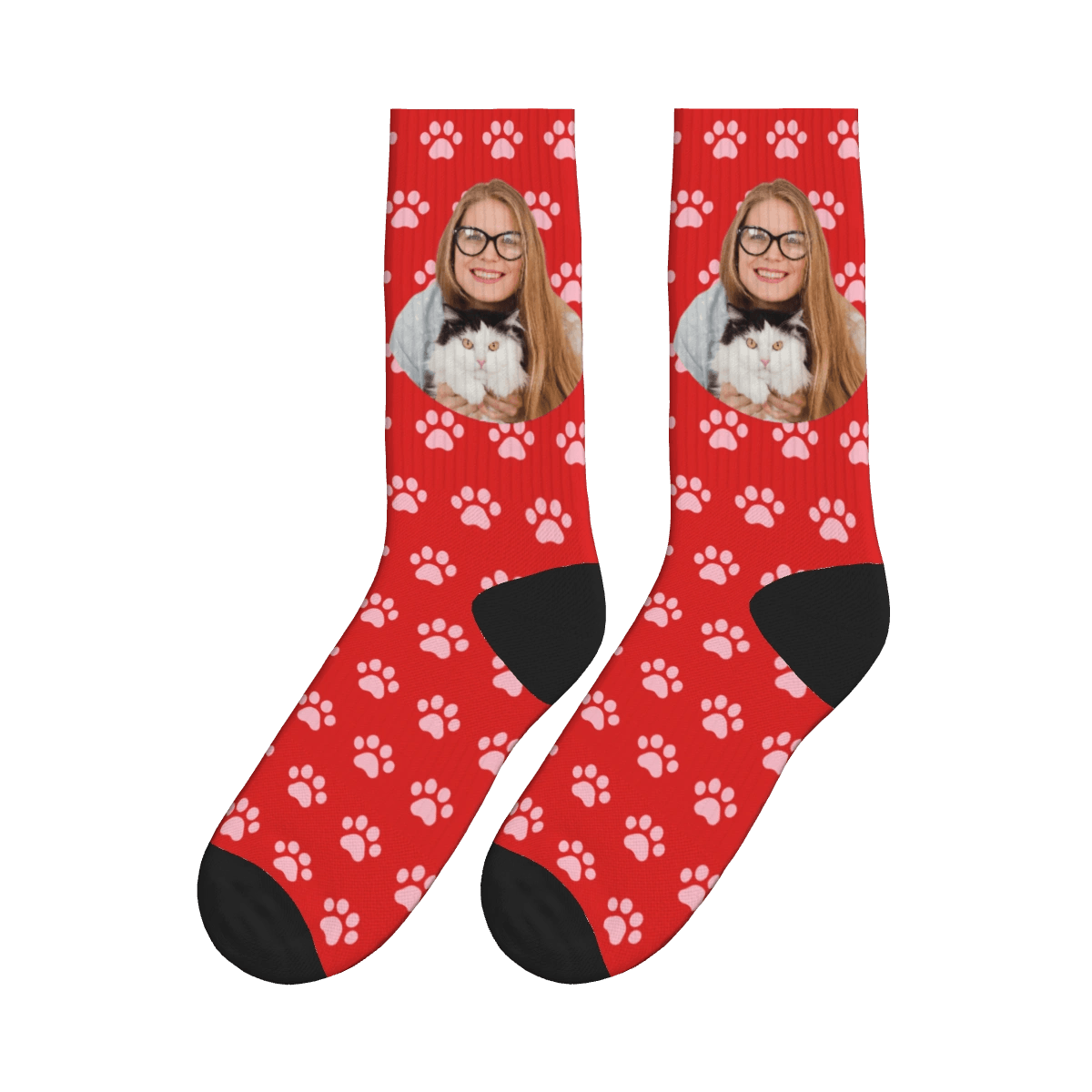 Cat Paws & A Lady Hugging Her Cat Socks - Red / Crew Socks