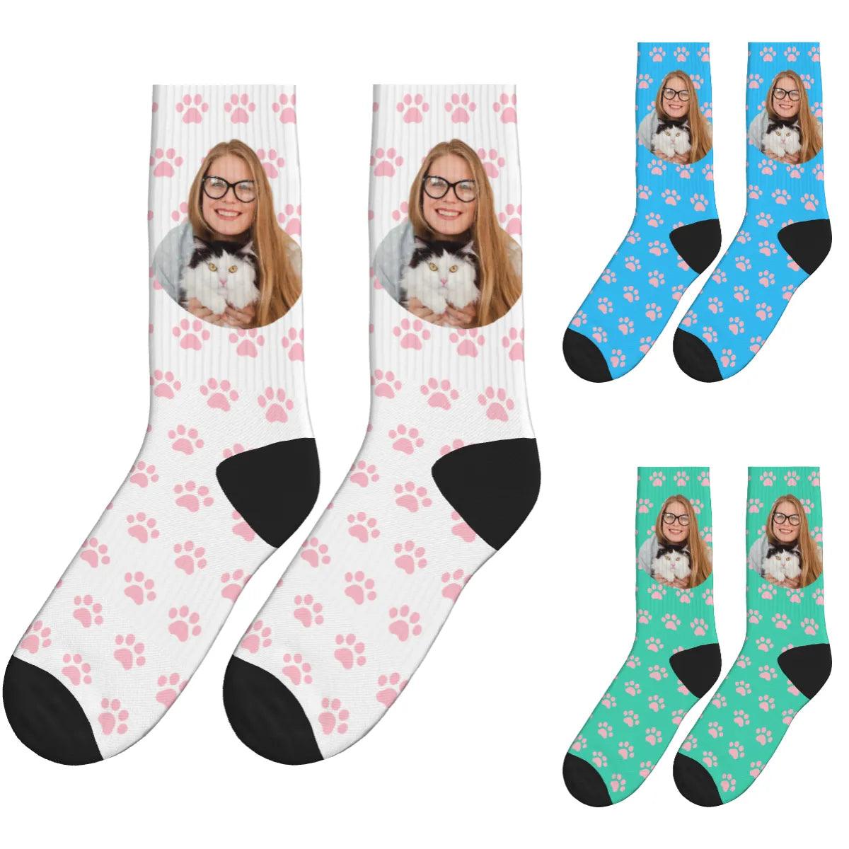 Cat Paws & A Lady Hugging Her Cat Socks - Blue, White & Green / Crew Socks