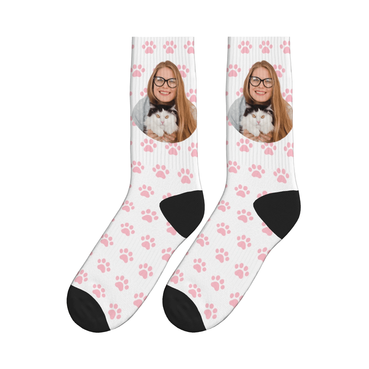 Cat Paws & A Lady Hugging Her Cat Socks - White / Crew Socks