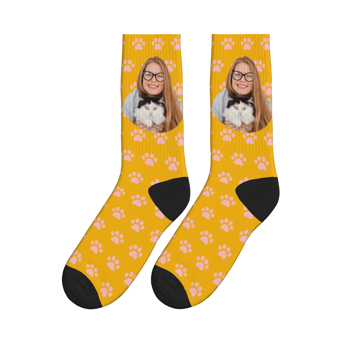 Cat Paws & A Lady Hugging Her Cat Socks - Yellow / Crew Socks