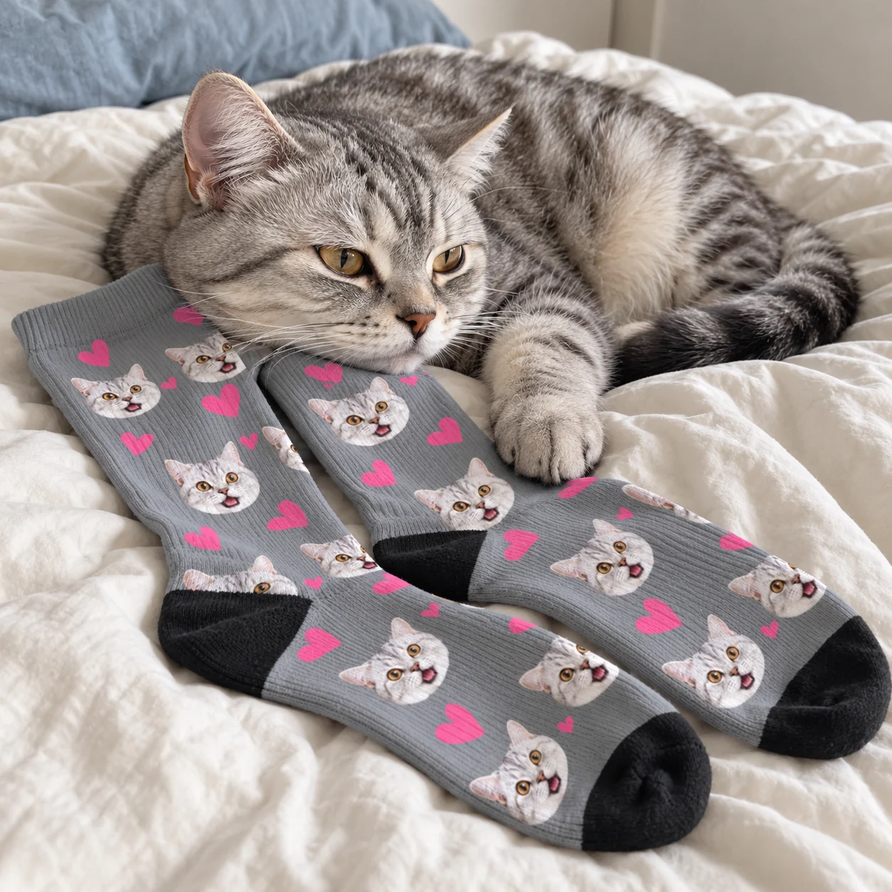 Silver tabby cat resting beside grey personalized cat socks with pink hearts