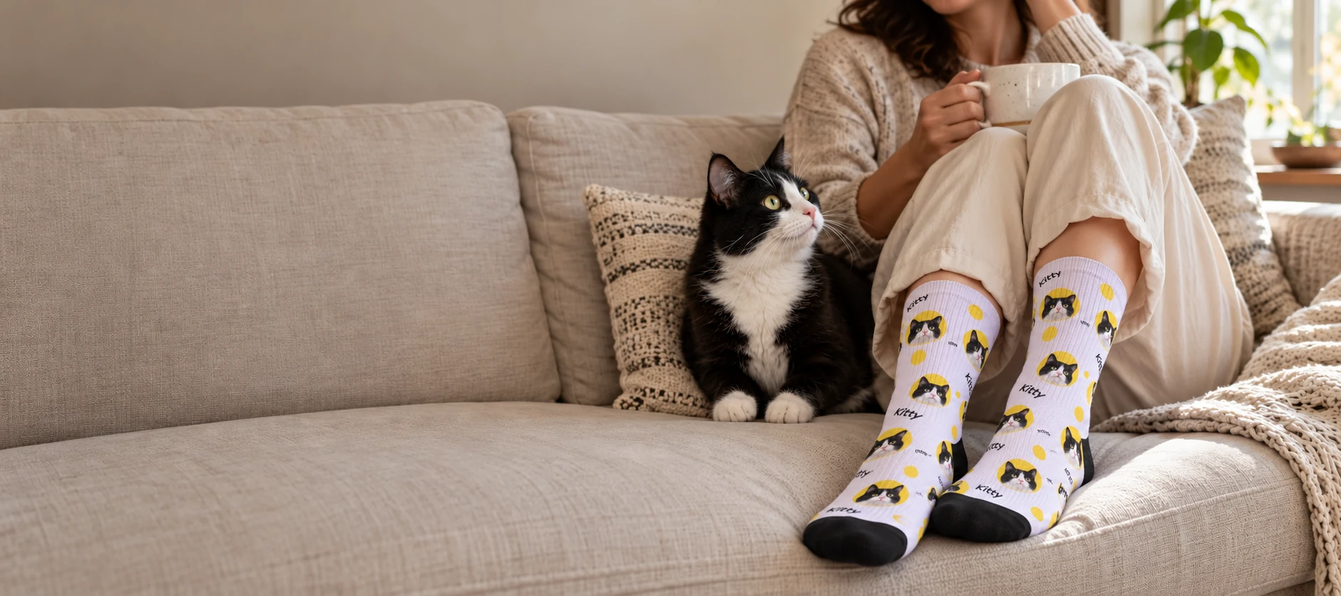 Cat Face & Name Socks in Lavender, with yellow circles and a tuxedo cat