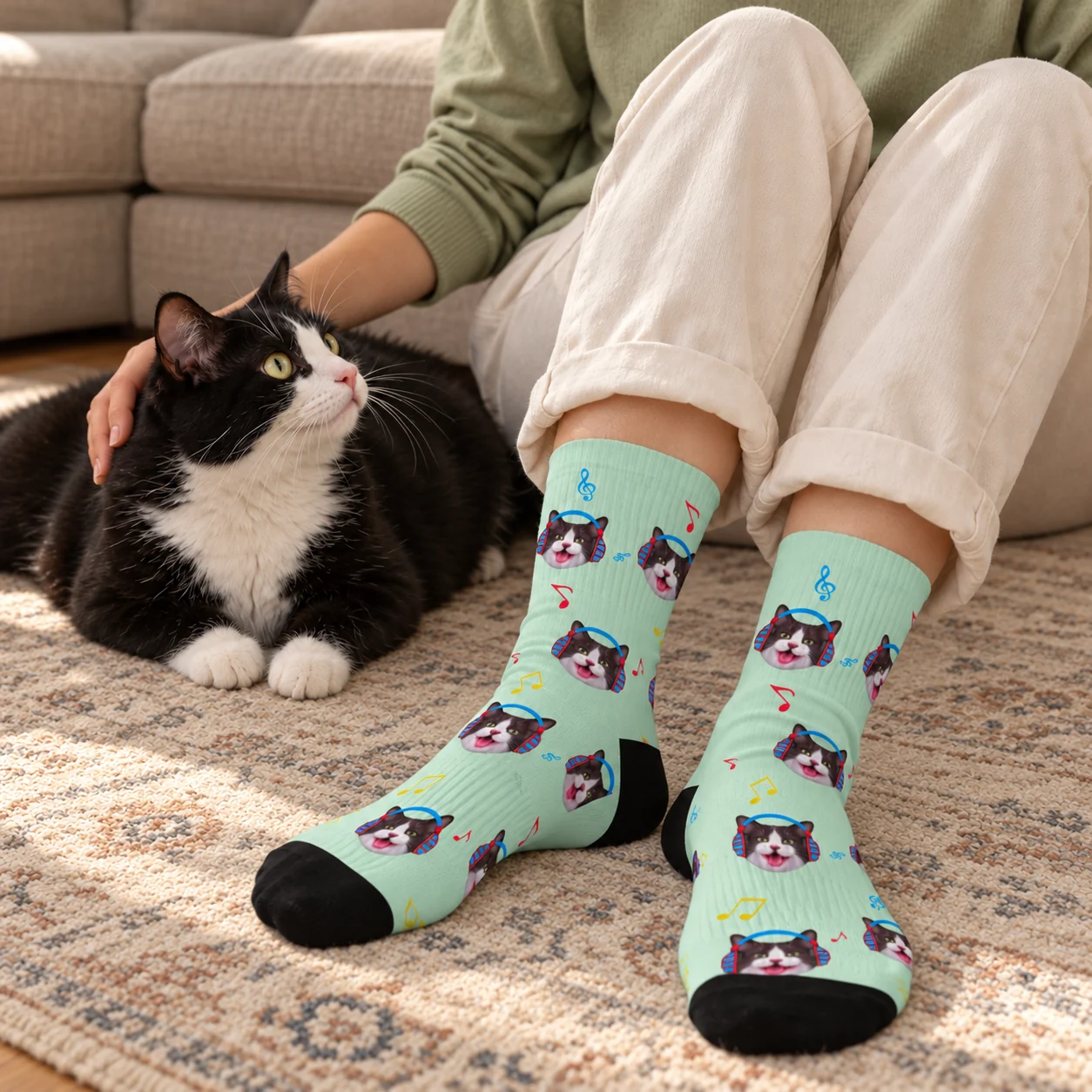 Mint green cat and music socks worn while relaxing at home with a tuxedo cat