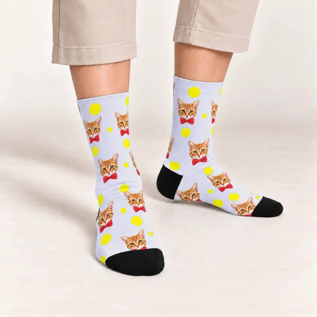 Cats in Bow Ties Pattern Socks — Lavender — on-foot view